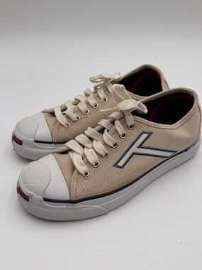 Tommy Hilfiger Beige Canvas Low-Top Sneakers with Navy Stripe